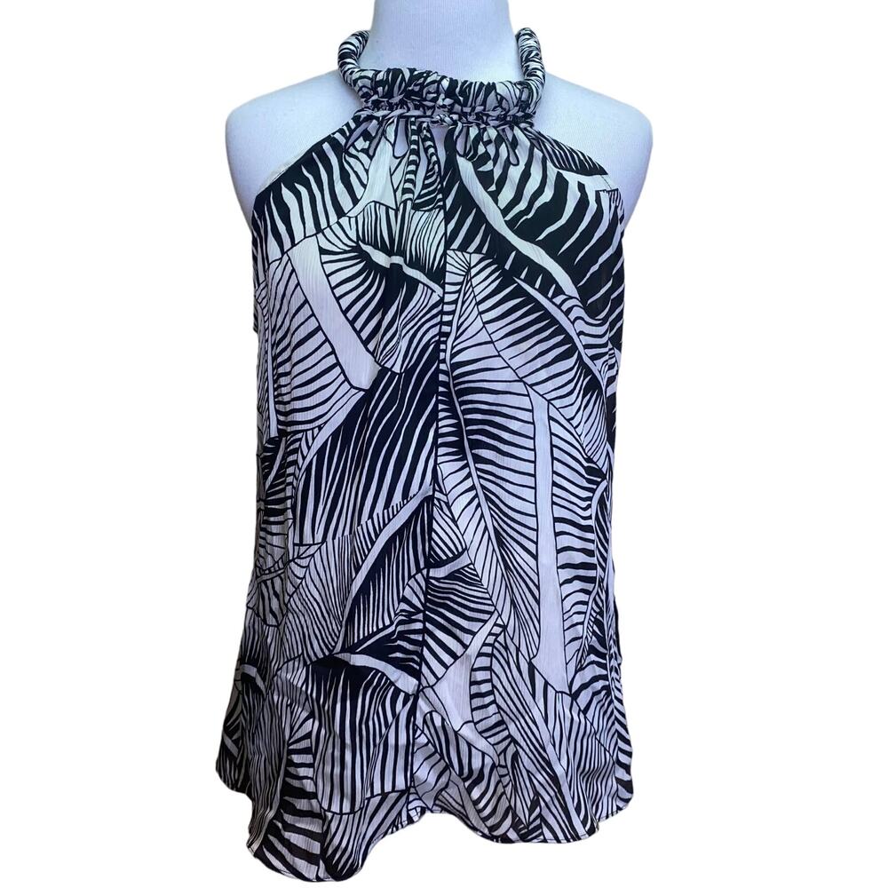 Milano Black & White Tropical Leaves Halter Sleeveless Blouse Size Large